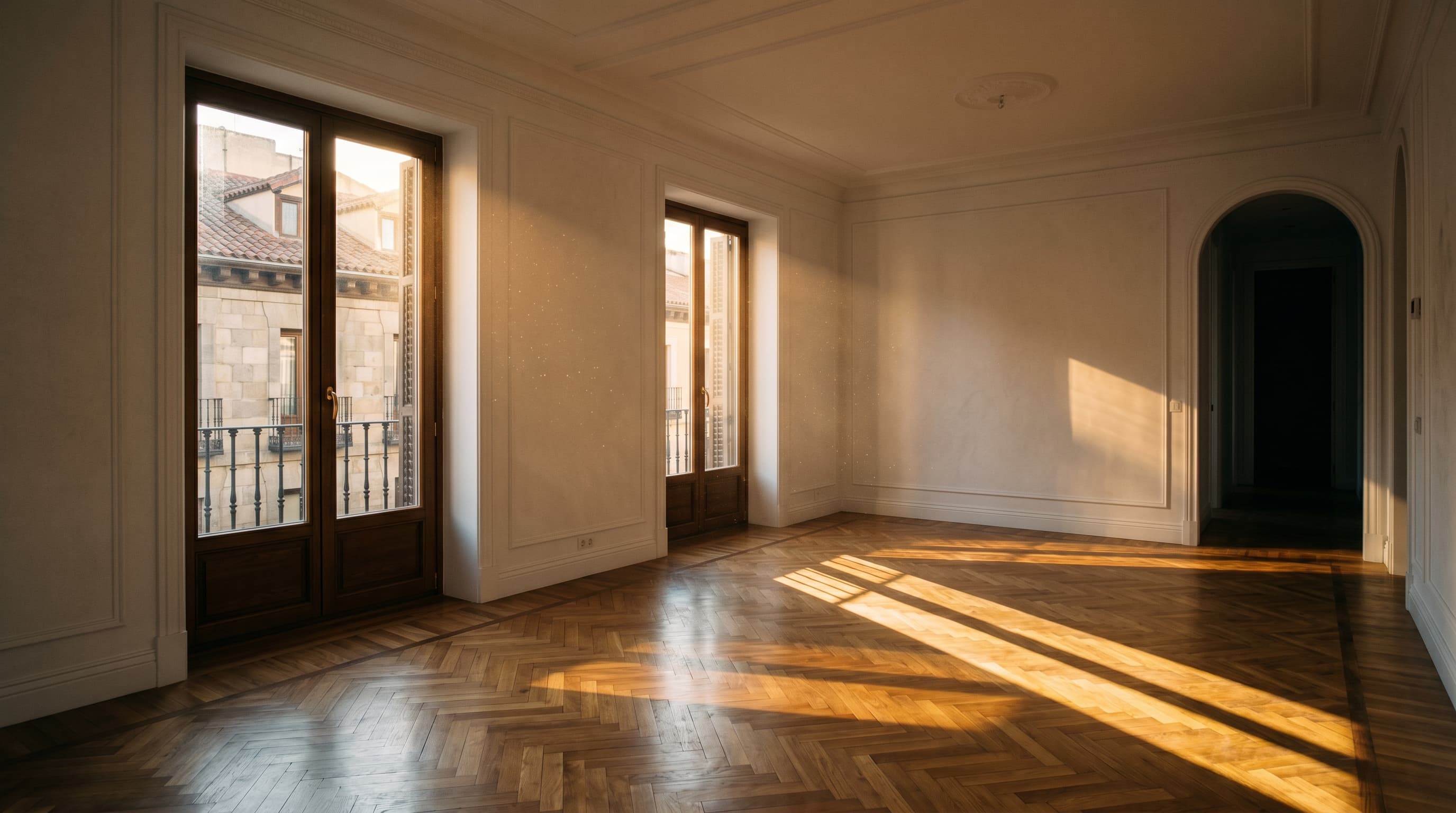 Interior de piso clásico madrileño vacío con luz de tarde entrando por balcones, parquet en espiga y molduras originales.